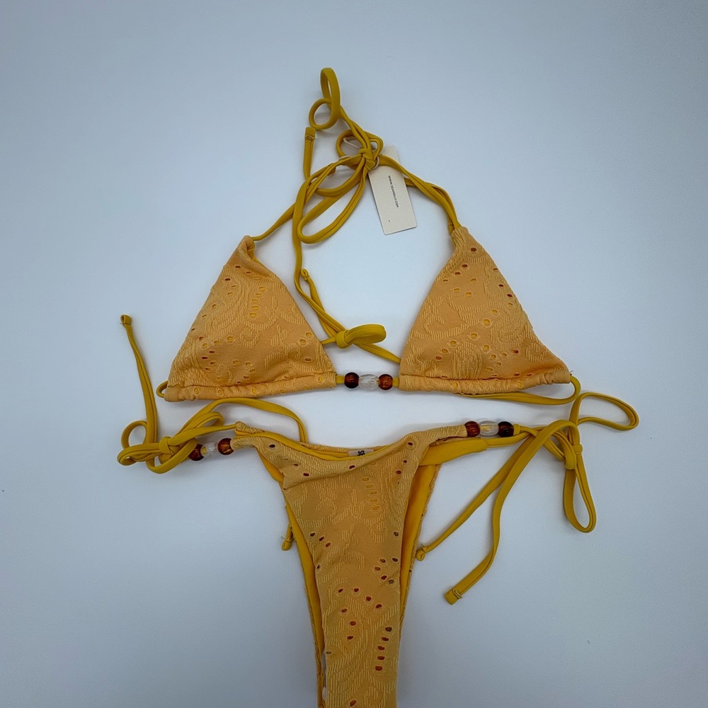 Mustard Yellow Eyelet Tie Bikini Top & Bottom Set NWT
